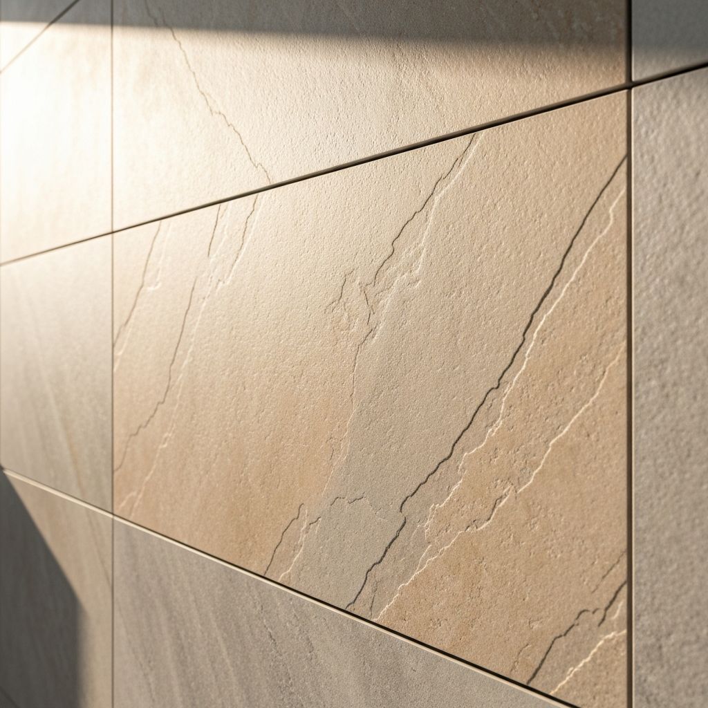 Close-up of precision tile work showing perfectly aligned large-format tiles with razor-thin grout lines