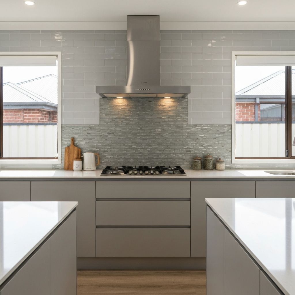 Modern kitchen with elegant stone tile splashback behind cooktop