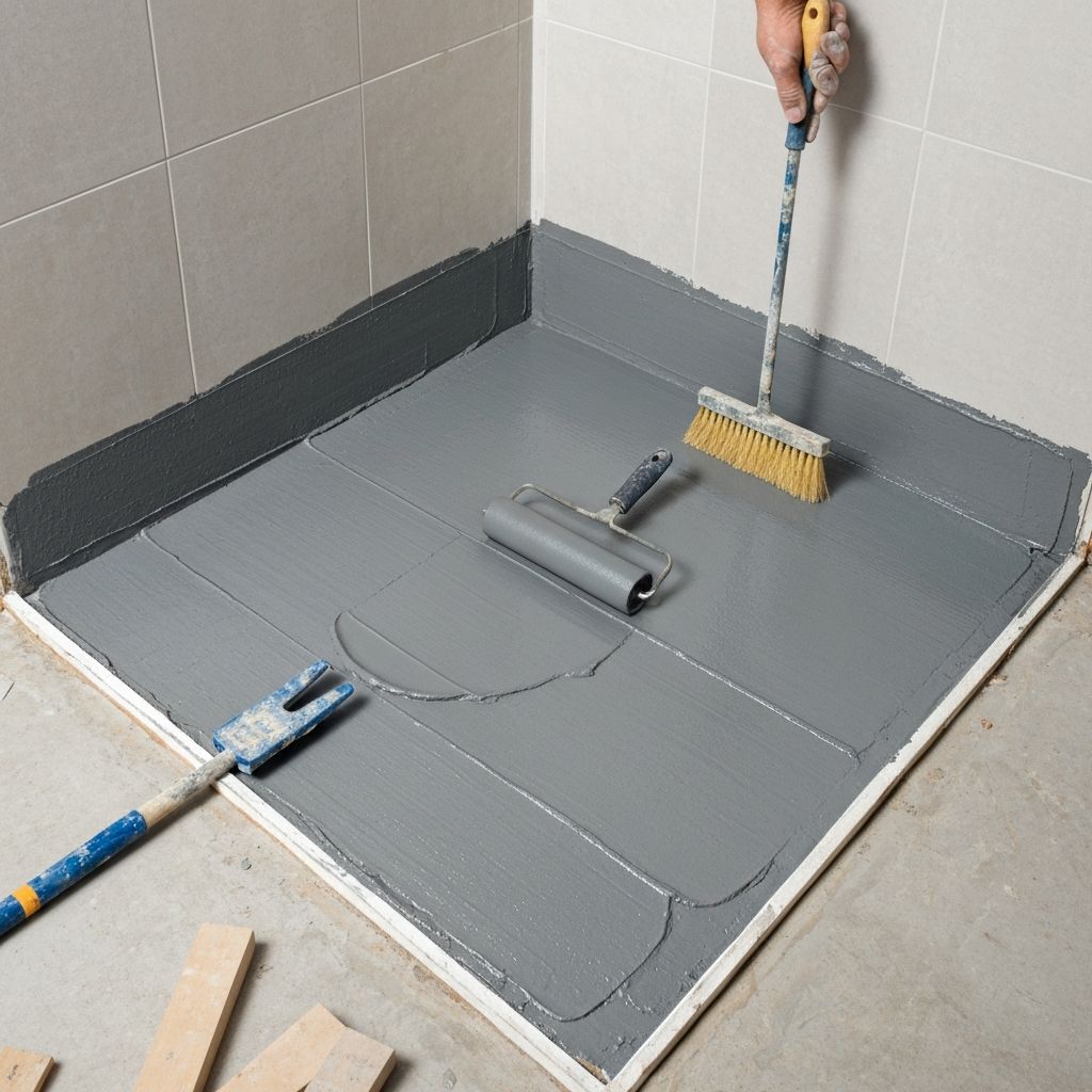 Professional waterproofing membrane application on shower recess floor